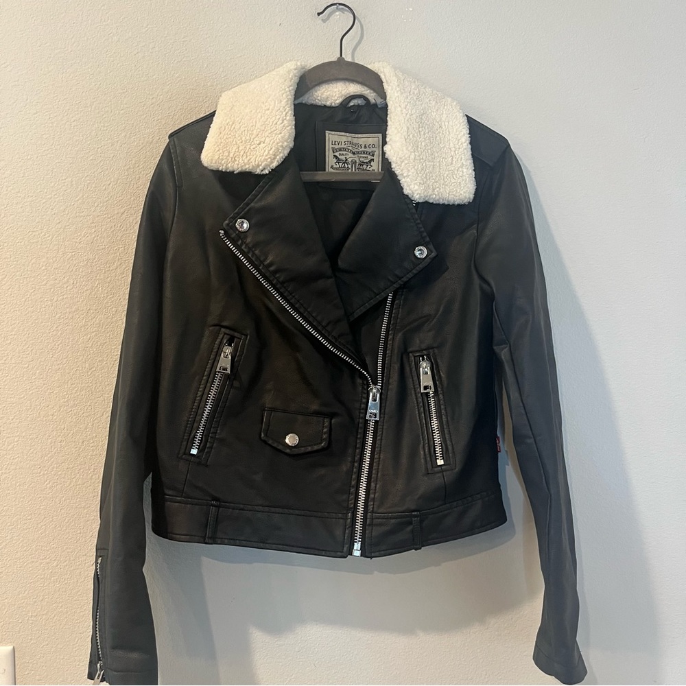 Levi's Women's Black Faux-Leather Biker Jacket with Fur Collar